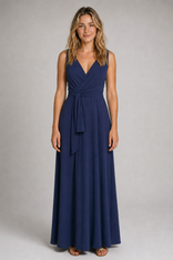 Fenella V-Neck Maxi Dress | Women's Minimalist Wedding-Guest Dress in Navy blue