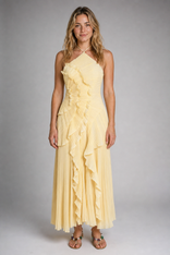 Lucienne Halter Maxi Dress | Women's Asymmetric Ruffle Gown in Yellow