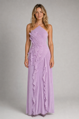 Lucienne Halter Maxi Dress | Women's Asymmetric Ruffle Gown in Lavender