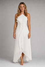 Lucienne Halter Maxi Dress | Women's Asymmetric Ruffle Gown in White