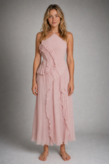 Lucienne Halter Maxi Dress | Women's Asymmetric Ruffle Gown in Baby Pink