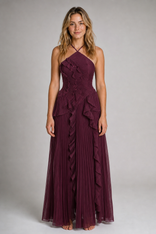 Lucienne Halter Maxi Dress | Women's Asymmetric Ruffle Gown in Plum