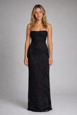 Angela Corset Maxi Dress | Women's Lace-Up Back Floral Gown in Black