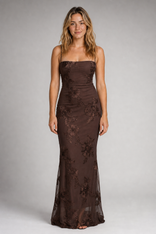 Angela Corset Maxi Dress | Women's Lace-Up Back Floral Gown in Brown