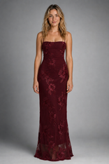 Angela Corset Maxi Dress | Women's Lace-Up Back Floral Gown in Claret
