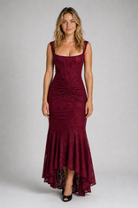 Marissa Corset Maxi Dress | Women's Floral Lace Ruched Gown in Wine Red