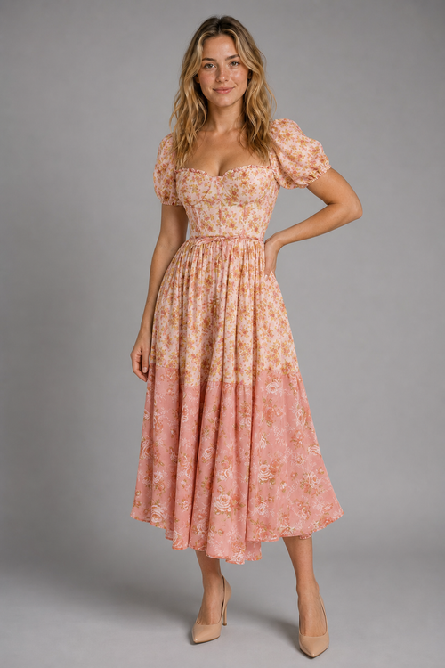 Mattie Corset Midi Dress | Women's Puff-Sleeve Print Sundress