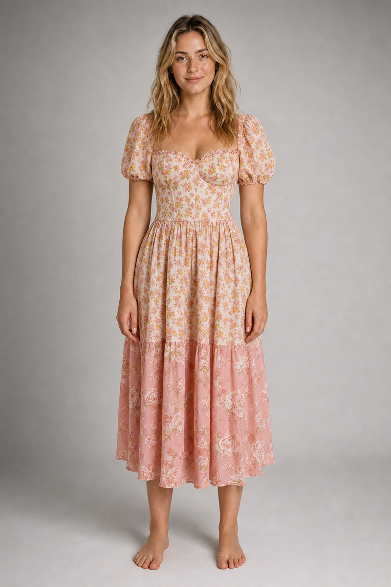 Mattie Corset Midi Dress | Women's Puff-Sleeve Print Sundress
