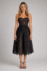 Addie Corset Midi Dress | Women's Embroidered Tulle Occasion Dress in Black