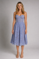 Addie Corset Midi Dress | Women's Embroidered Tulle Occasion Dress in Blue