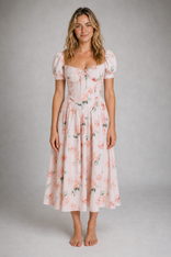 Kaye Corset Midi Dress | Women's Puff-Sleeve Occasion Dress in Light Pink