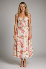 Ann Corset Midi Dress | Women's Lace-Up Floral Sundress in Pink