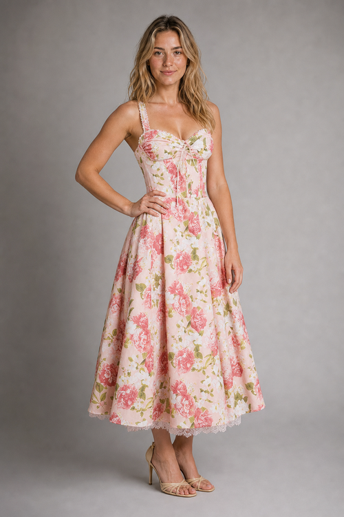 Ann Corset Midi Dress | Women's Lace-Up Floral Sundress