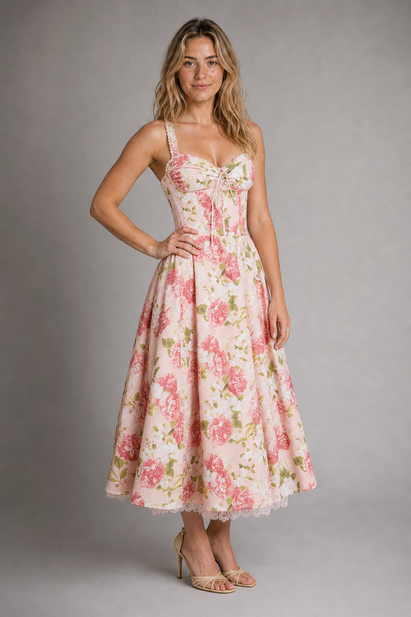 Ann Corset Midi Dress | Women's Lace-Up Floral Sundress