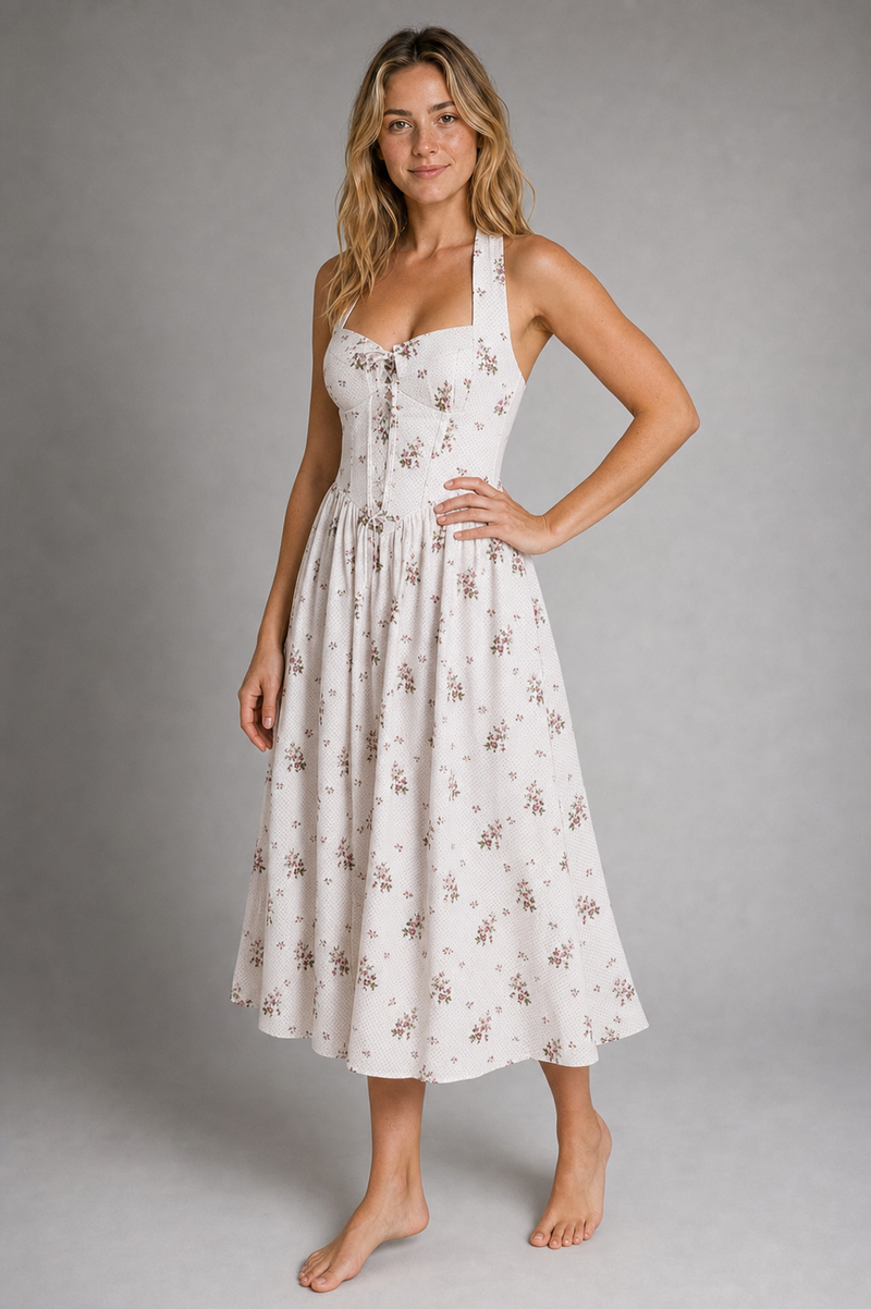Aimee Corset Midi Dress | Women's Halter-Neck Lace-Up Dress