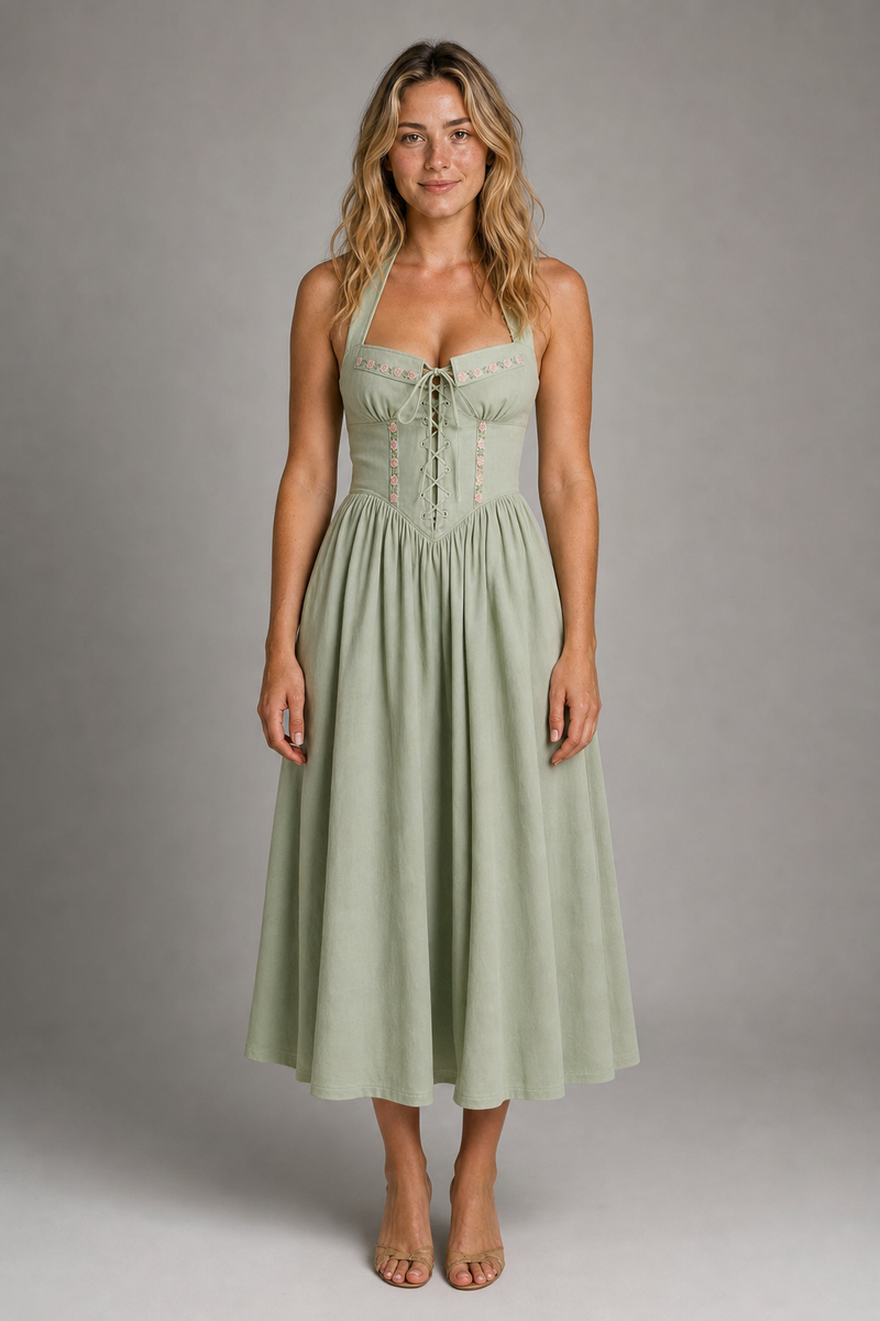 Aimee Corset Midi Dress | Women's Halter-Neck Lace-Up Dress