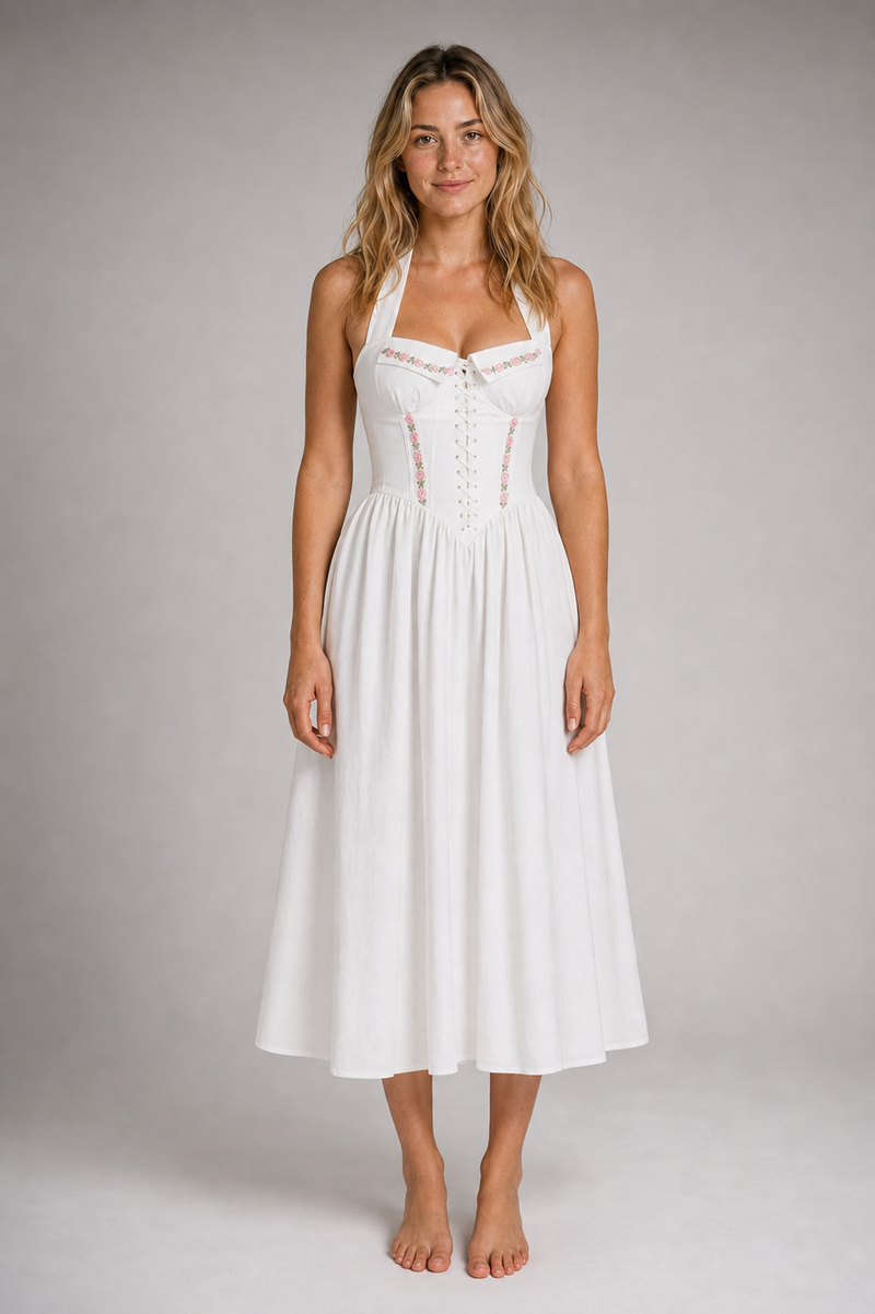 Aimee Corset Midi Dress | Women's Halter-Neck Lace-Up Dress