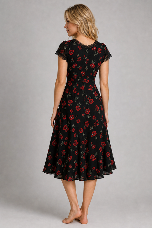 Noelle Floral Lace Midi Dress | Women's V-Neck Short-Sleeve Evening Dress