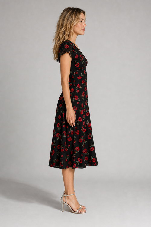 Noelle Floral Lace Midi Dress | Women's V-Neck Short-Sleeve Evening Dress
