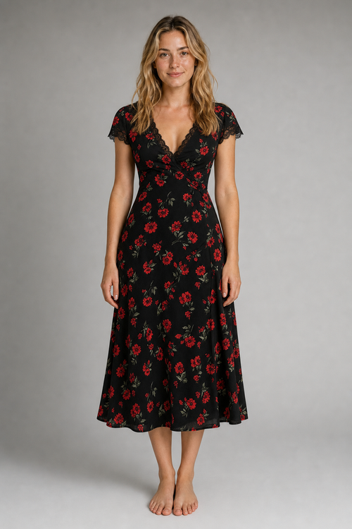 Noelle Floral Lace Midi Dress | Women's V-Neck Short-Sleeve Evening Dress