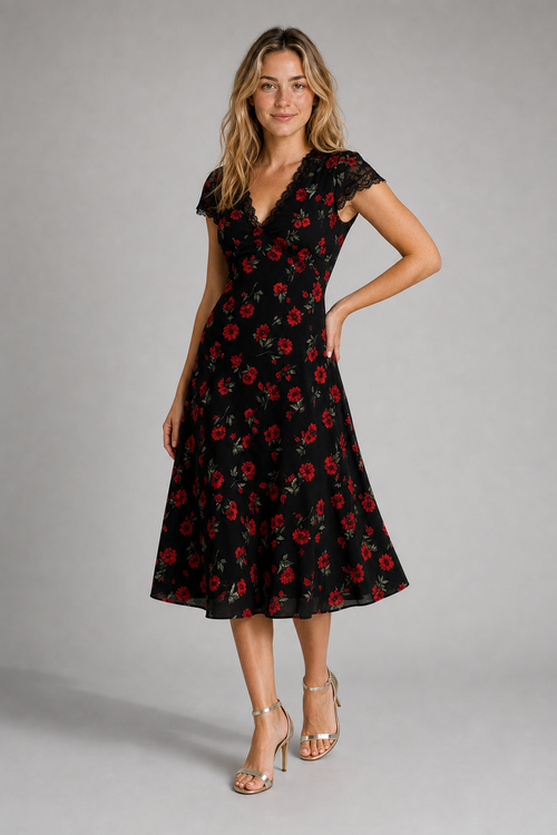 Noelle Floral Lace Midi Dress | Women's V-Neck Short-Sleeve Evening Dress