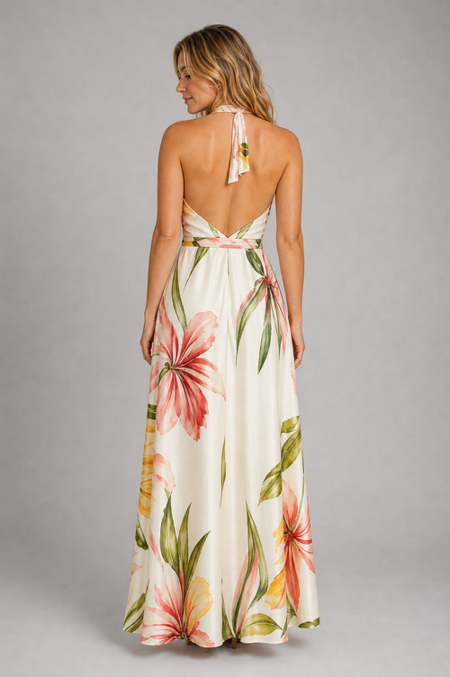 Selene Floral Satin Maxi Dress | Women's V-Neck Wedding-Guest Gown