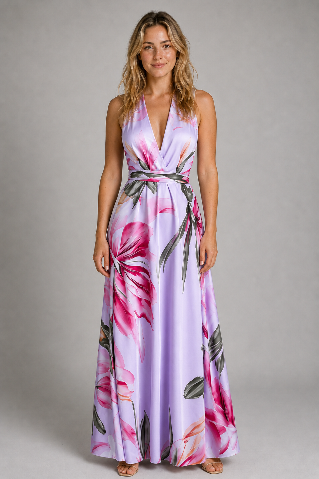 Selene Floral Satin Maxi Dress | Women's V-Neck Wedding-Guest Gown