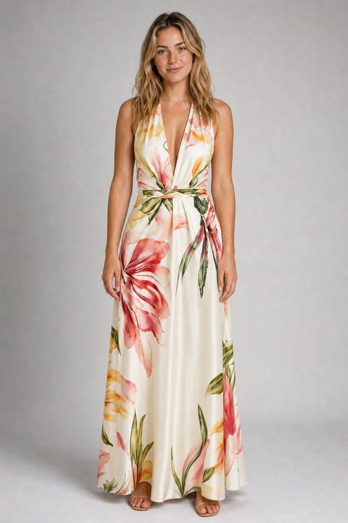 Selene Floral Satin Maxi Dress | Women's V-Neck Wedding-Guest Gown