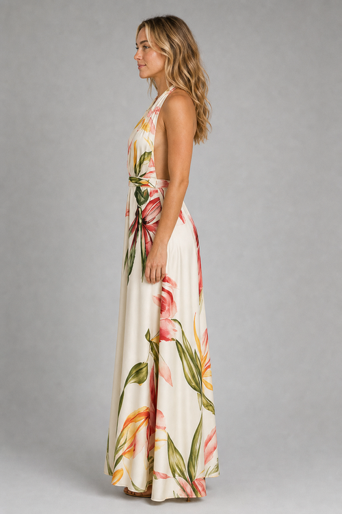 Selene Floral Satin Maxi Dress | Women's V-Neck Wedding-Guest Gown