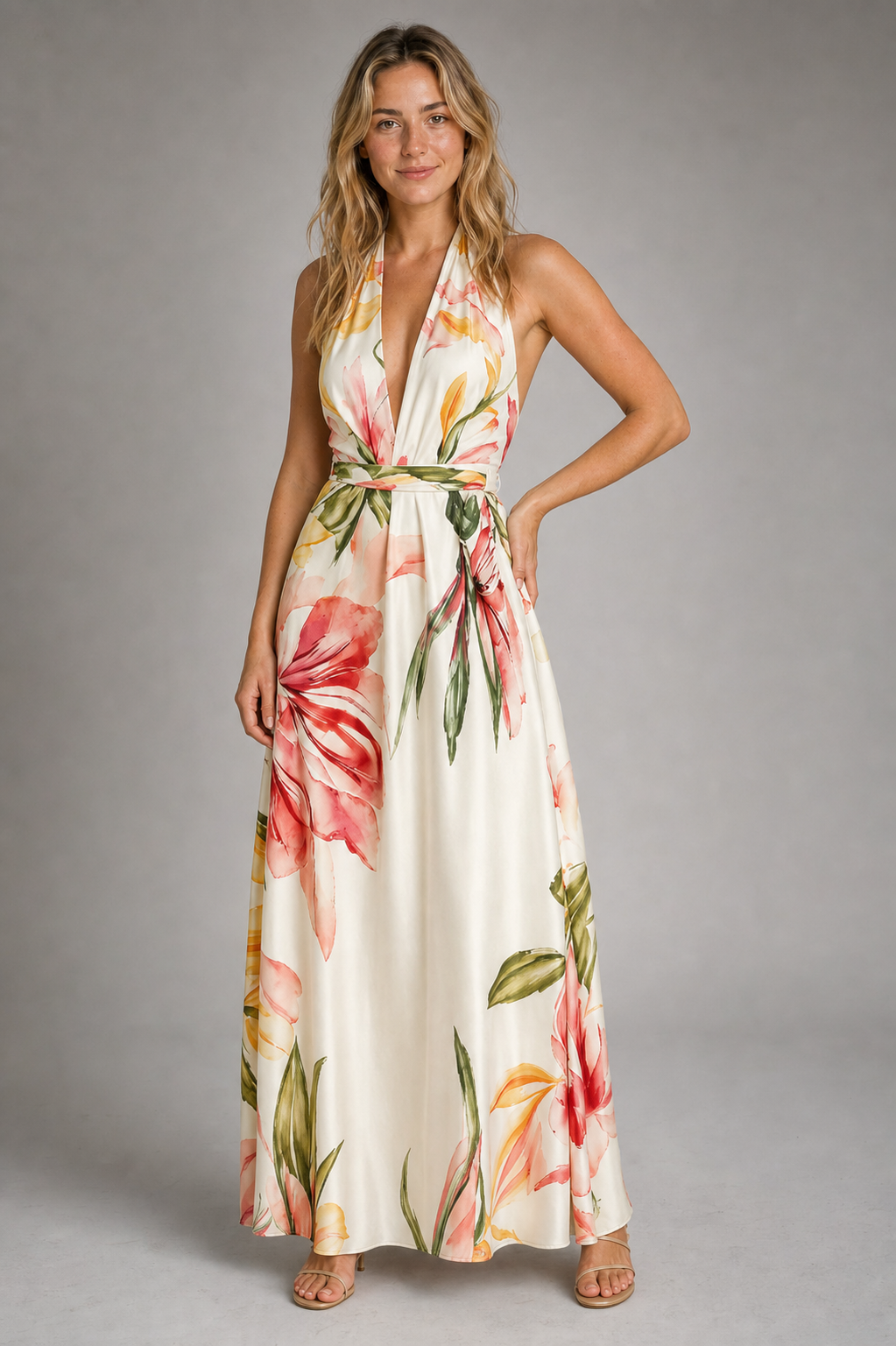 Selene Floral Satin Maxi Dress | Women's V-Neck Wedding-Guest Gown