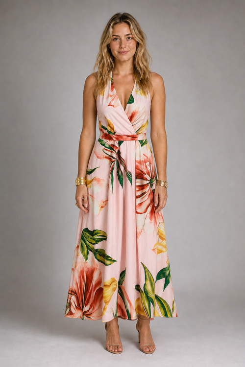 Selene Floral Satin Maxi Dress | Women's V-Neck Wedding-Guest Gown