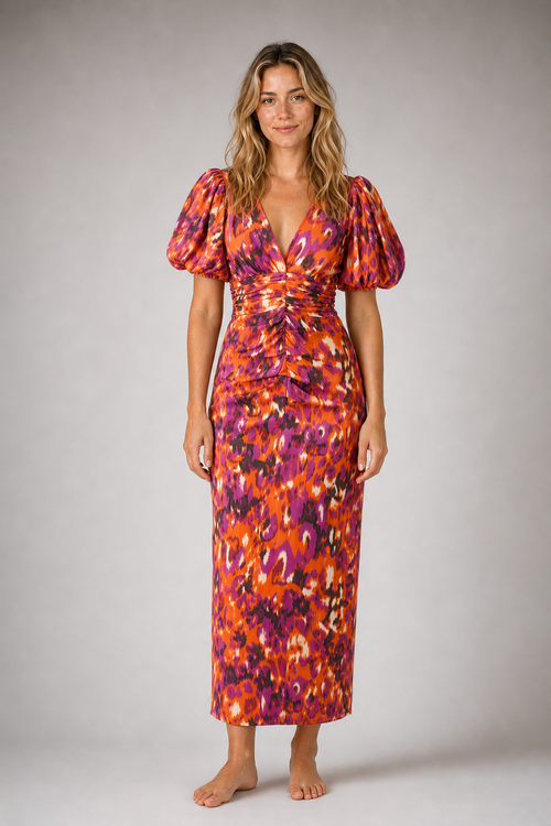 Priya Ruched Midi Dress | Women's Deep-V Puff-Sleeve Wedding-Guest Dress