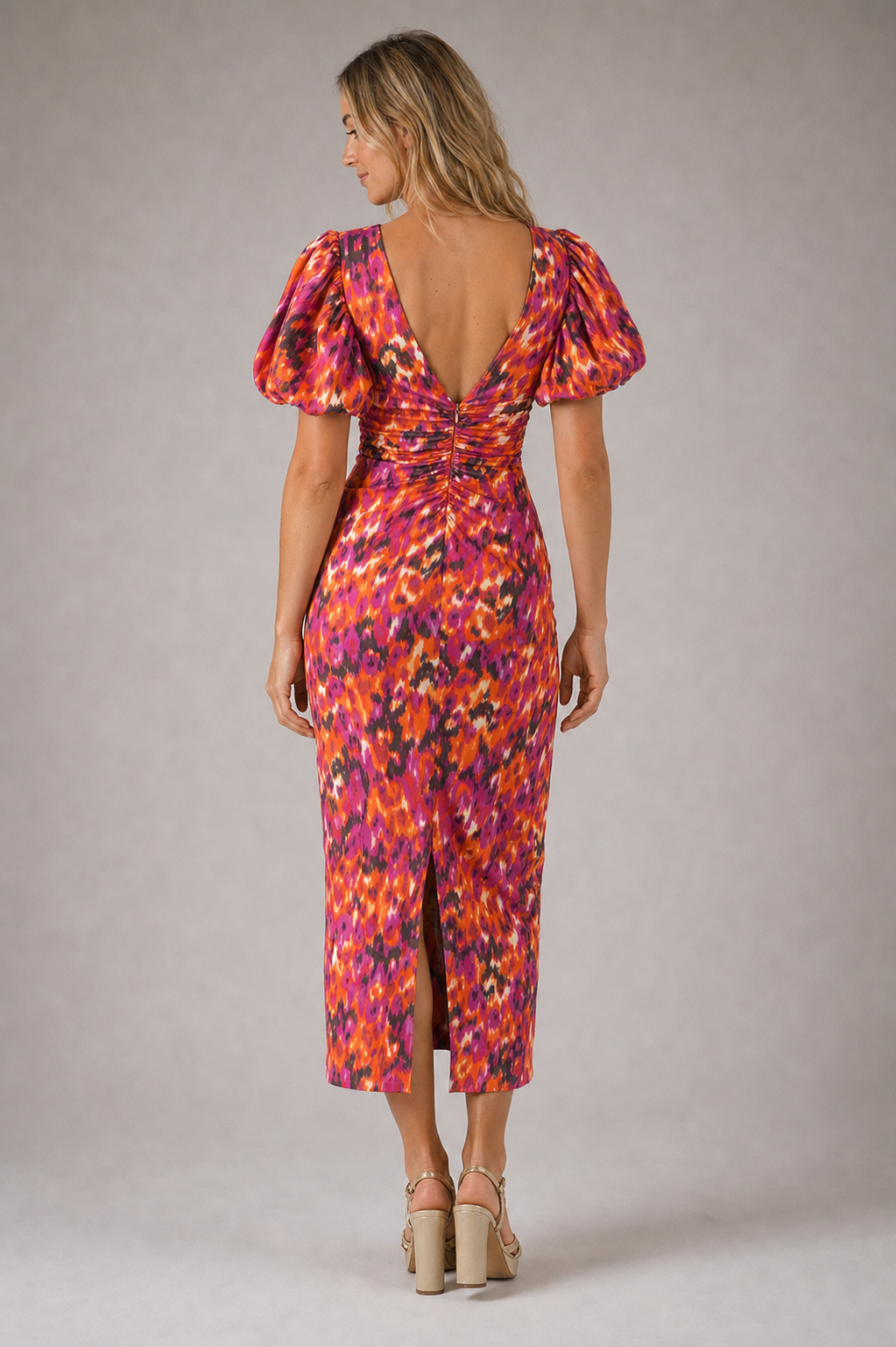 Priya Ruched Midi Dress | Women's Deep-V Puff-Sleeve Wedding-Guest Dress