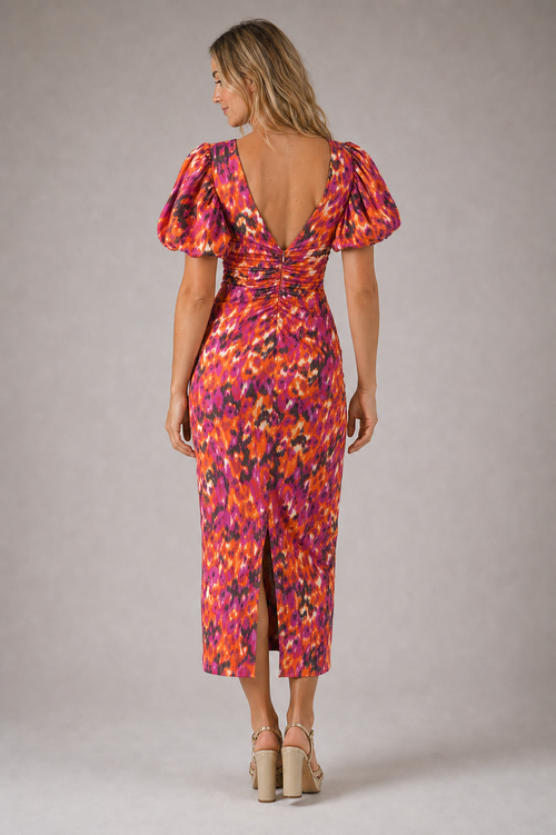 Priya Ruched Midi Dress | Women's Deep-V Puff-Sleeve Wedding-Guest Dress