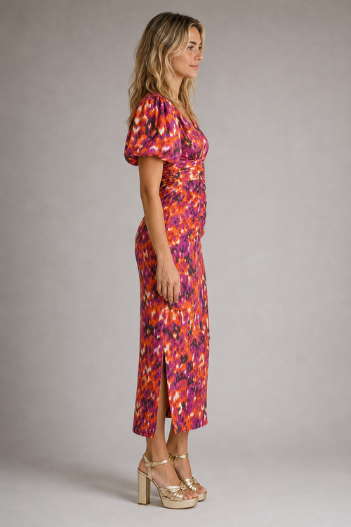 Priya Ruched Midi Dress | Women's Deep-V Puff-Sleeve Wedding-Guest Dress