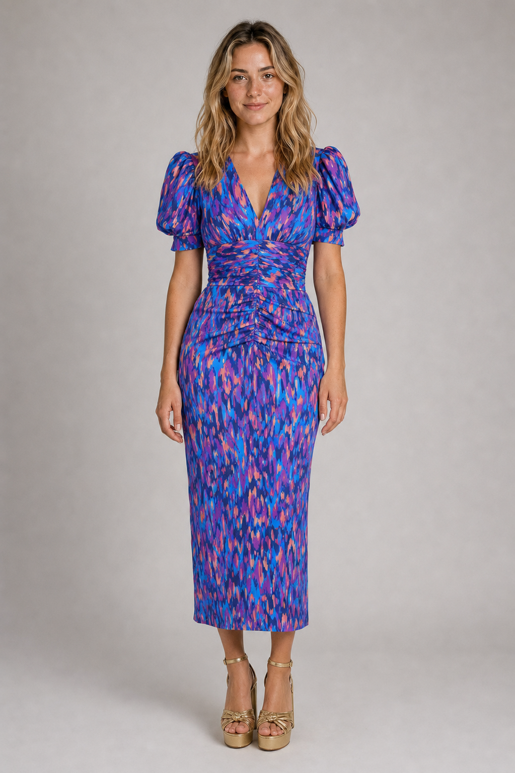 Priya Ruched Midi Dress | Women's Deep-V Puff-Sleeve Wedding-Guest Dress