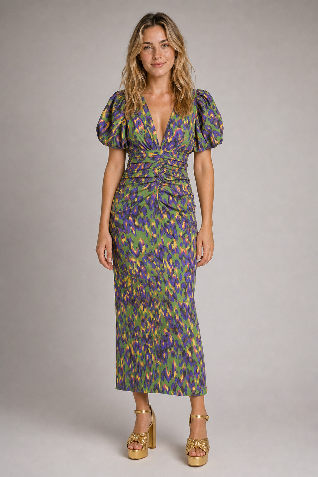Priya Ruched Midi Dress | Women's Deep-V Puff-Sleeve Wedding-Guest Dress