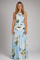 Odessa Ruched Floral Maxi Dress | Women's Boat-Neck Sleeveless Wedding-Guest Gown in Light Blue