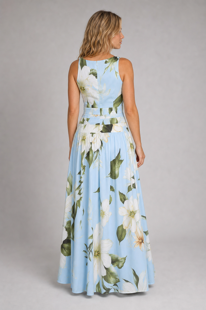 Odessa Ruched Floral Maxi Dress | Women's Boat-Neck Sleeveless Wedding-Guest Gown