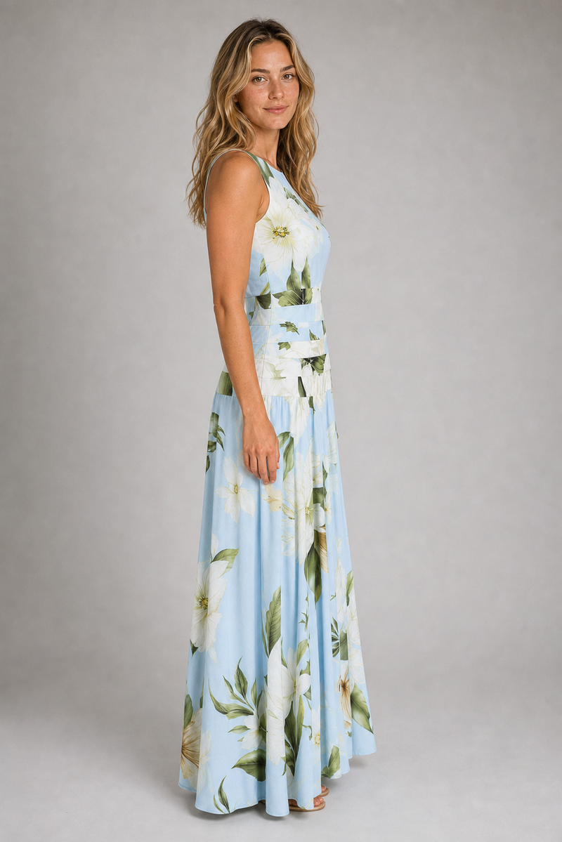 Odessa Ruched Floral Maxi Dress | Women's Boat-Neck Sleeveless Wedding-Guest Gown