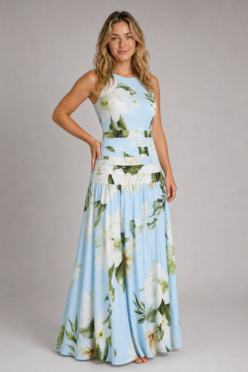 Odessa Ruched Floral Maxi Dress | Women's Boat-Neck Sleeveless Wedding-Guest Gown