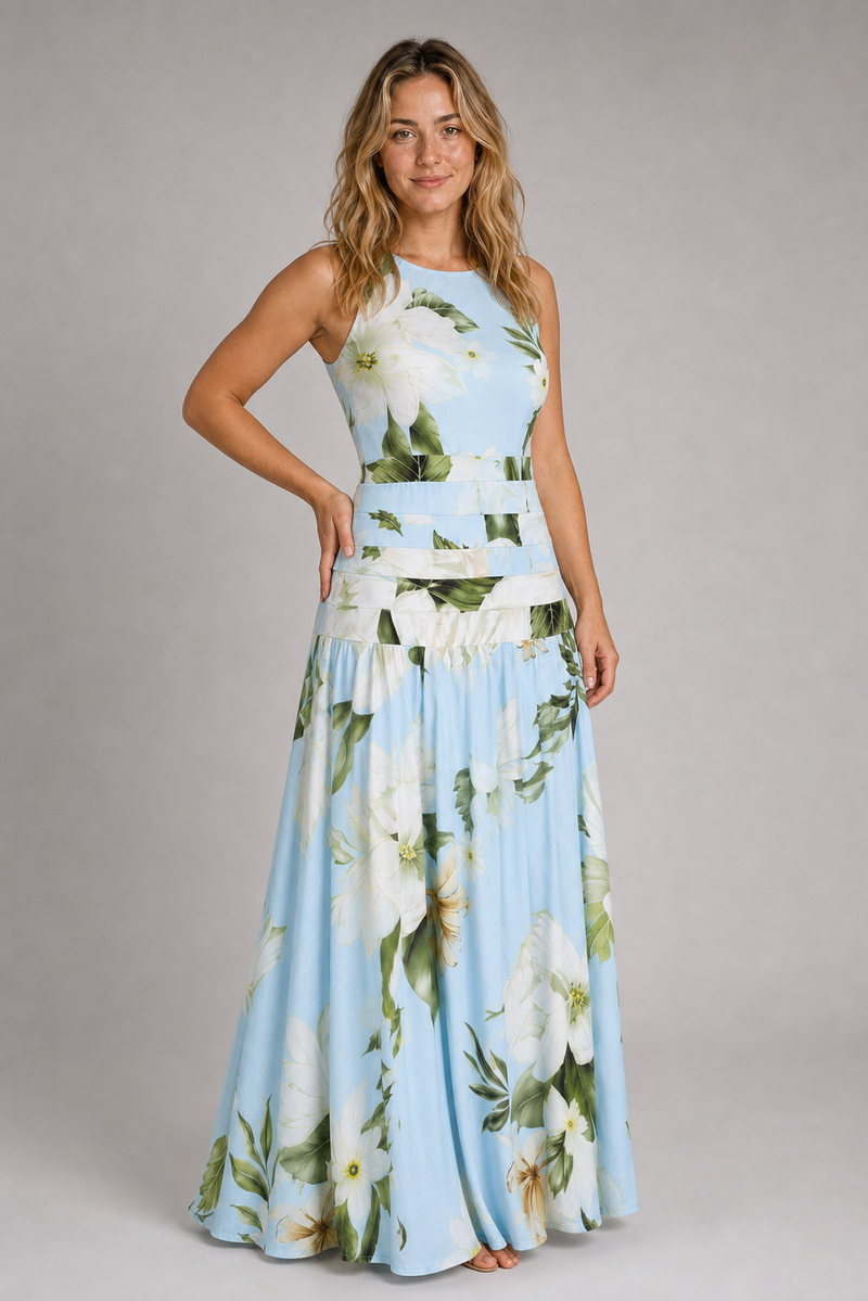 Odessa Ruched Floral Maxi Dress | Women's Boat-Neck Sleeveless Wedding-Guest Gown