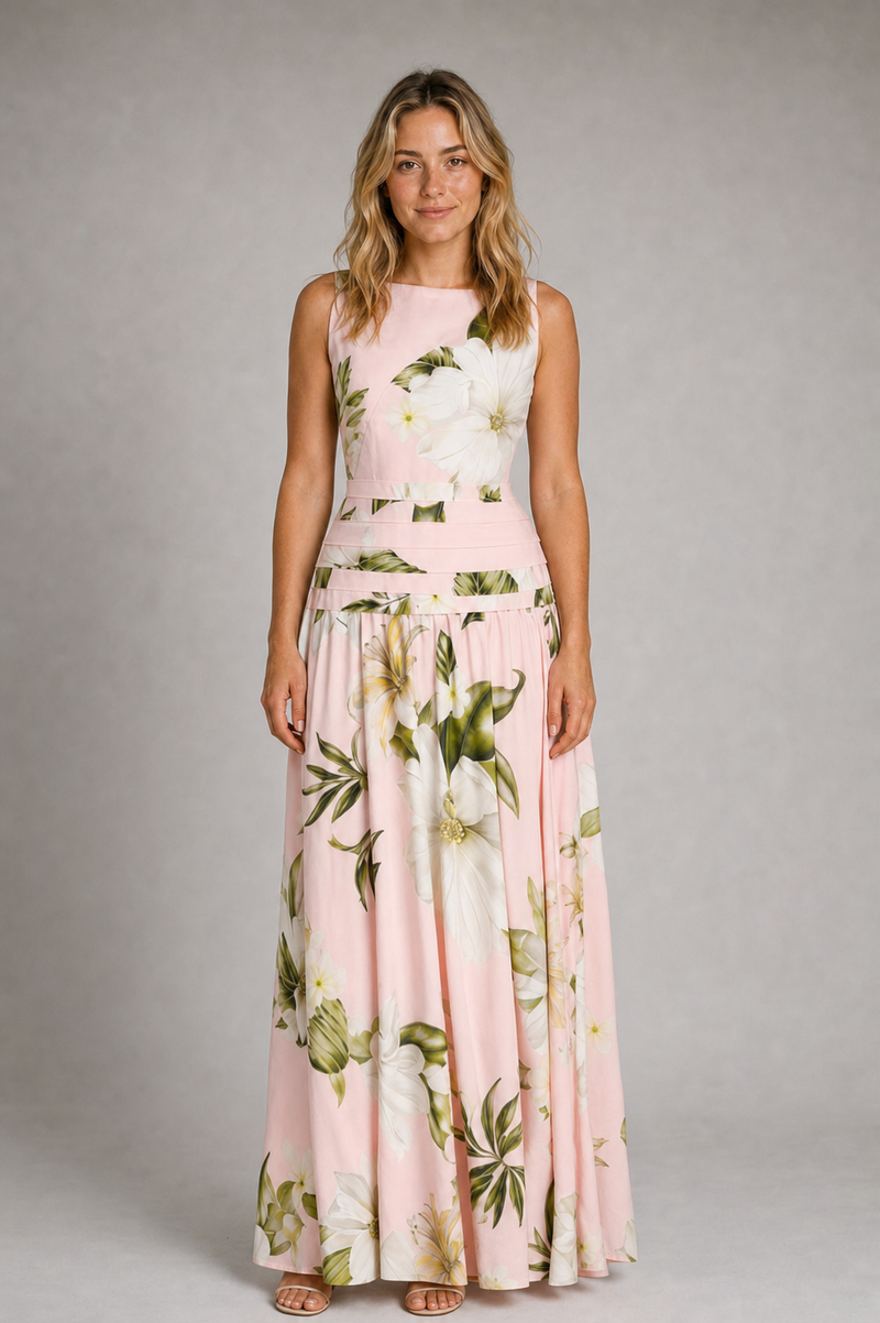 Odessa Ruched Floral Maxi Dress | Women's Boat-Neck Sleeveless Wedding-Guest Gown