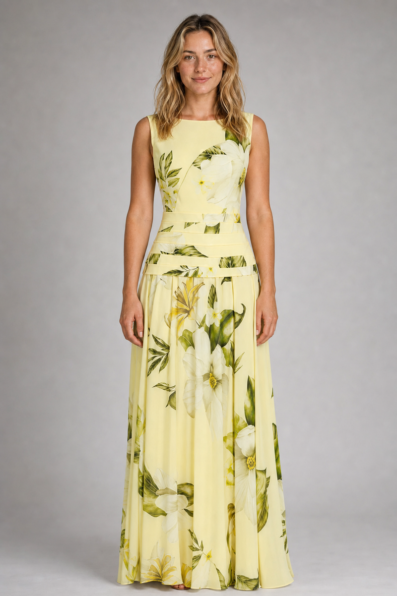 Odessa Ruched Floral Maxi Dress | Women's Boat-Neck Sleeveless Wedding-Guest Gown