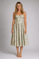 Fleurine Corset Floral Midi Dress | Women's Sweetheart Wedding-Guest Dress in Green