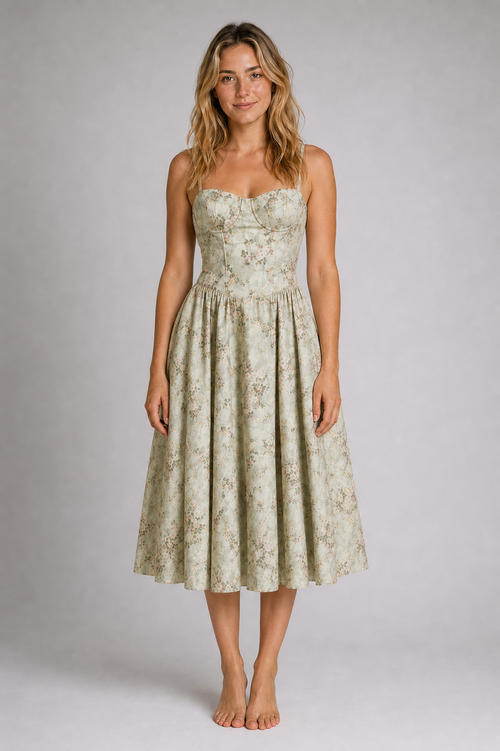Fleurine Corset Floral Midi Dress | Women's Sweetheart Wedding-Guest Dress