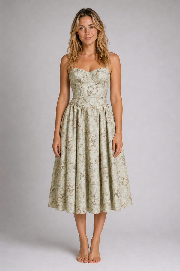 Fleurine Corset Floral Midi Dress | Women's Sweetheart Wedding-Guest Dress
