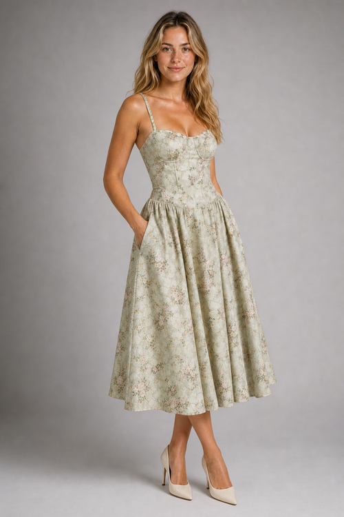 Fleurine Corset Floral Midi Dress | Women's Sweetheart Wedding-Guest Dress