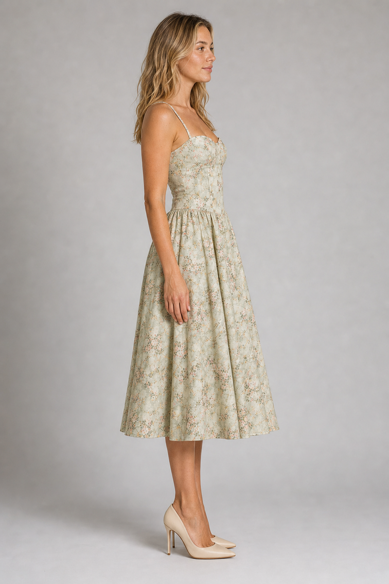 Fleurine Corset Floral Midi Dress | Women's Sweetheart Wedding-Guest Dress