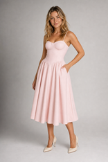 Fleurine Corset Floral Midi Dress | Women's Sweetheart Wedding-Guest Dress in Pink